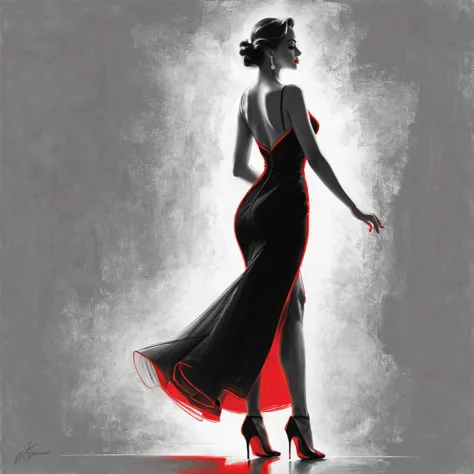 charcoal drawing, black pencil, pencil drawing, line drawing, elegant beautiful woman in tango dress (her silhouette outlined in...