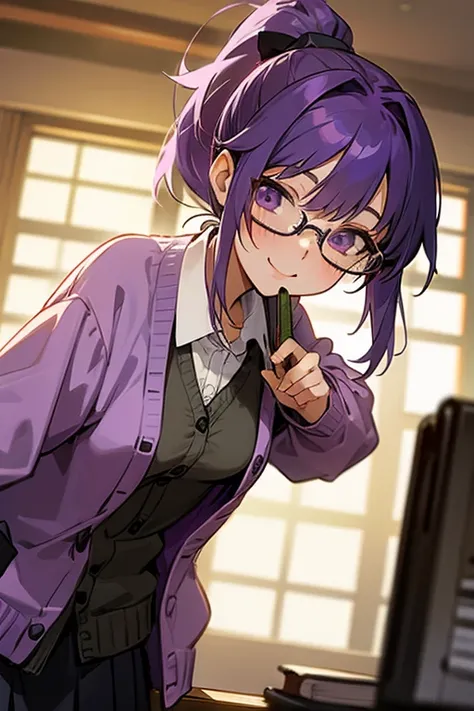 young woman,Purple Hair,Glasses,adult,cardigan,skirt,mysterious,intellectual,Anime Style,beautiful,Responsibility,front,smile,ponytail,library