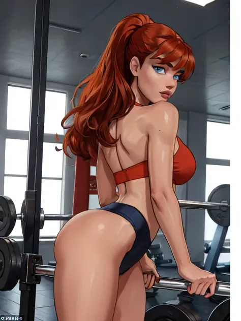 Generate a very realistic full body image of a 20 year old red hair girl in the middle of her fitness journey. Capture the athletic prowess of this woman with perfect teeth and lips that remind you, she is 1.70 meters tall and weighs 68 kilograms, she look...