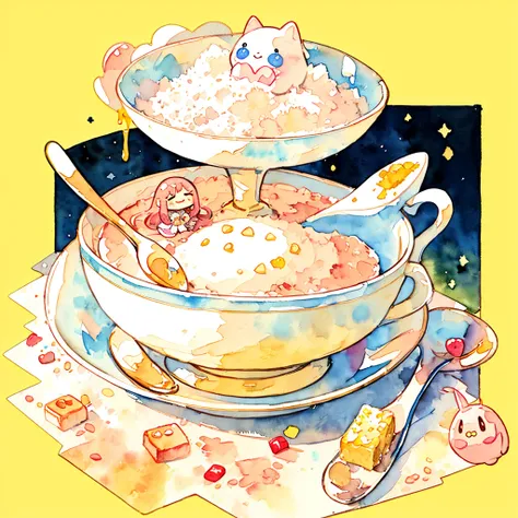 Soft colors: 1.5), (Cute illustrations: 1.5), (watercolor: 1.2), Yellow background, girl, whole body, Smile, aloof, light, Moya, marble, rich and colorful, Crepea, candy, dessert, Thin rice crackers, plush toys, want to, cross, spoon, Tea