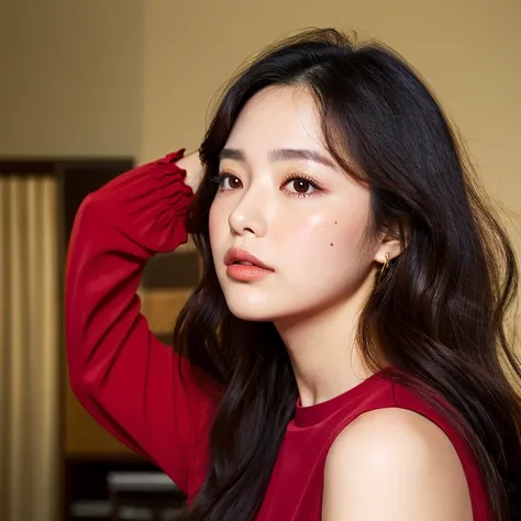 sideshot,dark red blouse,sleeveless,plump upperarm,single mole on cheek,black hair,voluminous hair,unkempt hair,plump woman,27 years old,(fair skin:1.3),(tareme),plump face,light makeup,