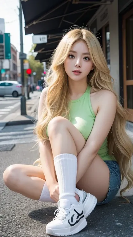 highest quality，26 years old，woman，Long Hair，blonde，Soft wavy hairstyle，With big eyes、green，bright、Has a lively expression，健康的でbright肌の色，Thick lips，From below，whole body，Looking at the camera，Cinema Lighting，street，sexy，Big Breasts，Cinema Lighting，Staring ...