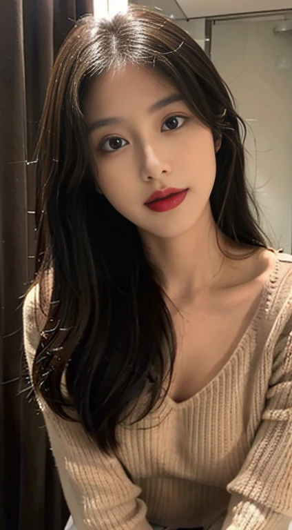 ((best qualtiy, 8K, tmasterpiece:1.3)), RAW photo, A pretty maiden，Pure，Melon seed face，gentle and cute，seductive, A sweet smile，Pure desire，Thin stature，(frontage)，(Tilt your head)，selfie in the fitting room, casual outfit, brown sweater Black silky long,...