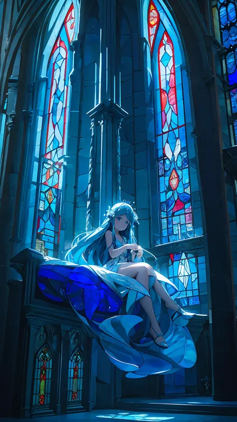 .A shining blue dress, beautiful blue eyes, beautiful blue hair, long hair, straight hair, in the mysterious deep sea, in the beautiful blue deep sea, surrounded by beautiful stained glass, behind her  is illuminated by the stained glass windows of a churc...