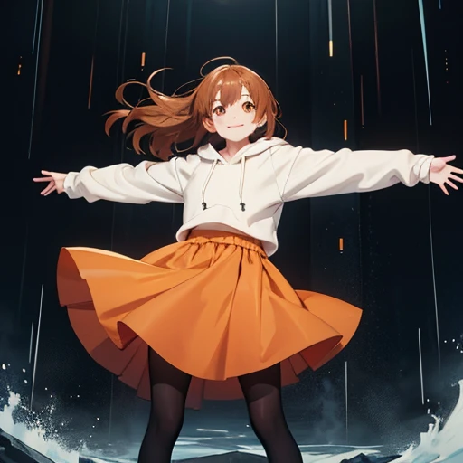 smiling woman floating with arms outstretched and legs bent,orange eyes,brown medium hair,rain falling from below(oversized off-...