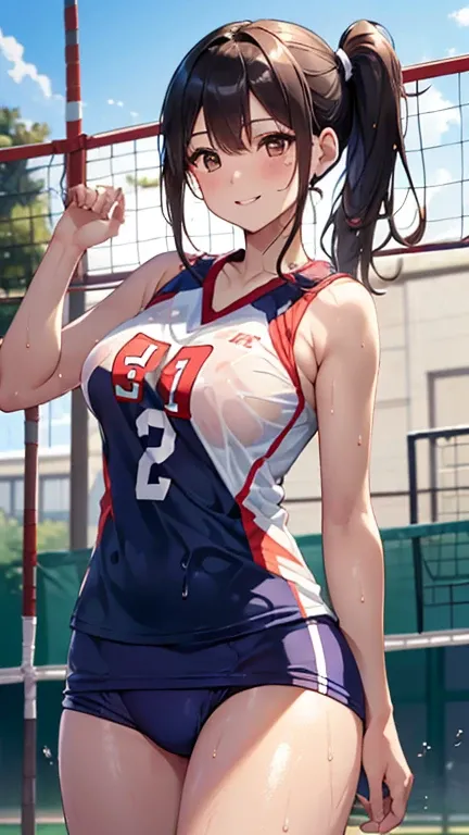 ((((Perfect Anatomy, Anatomically correct, Very detailedな肌)))), 1 girl, Day in Japanese, 16 years old, Volleyball Player, Shiny skin, Take in the view, 
 Beautiful Hair, Beautiful Face, Beautiful fine details, Brown eyes, (Long Hair:1.7, Side Ponytail:1.5)...