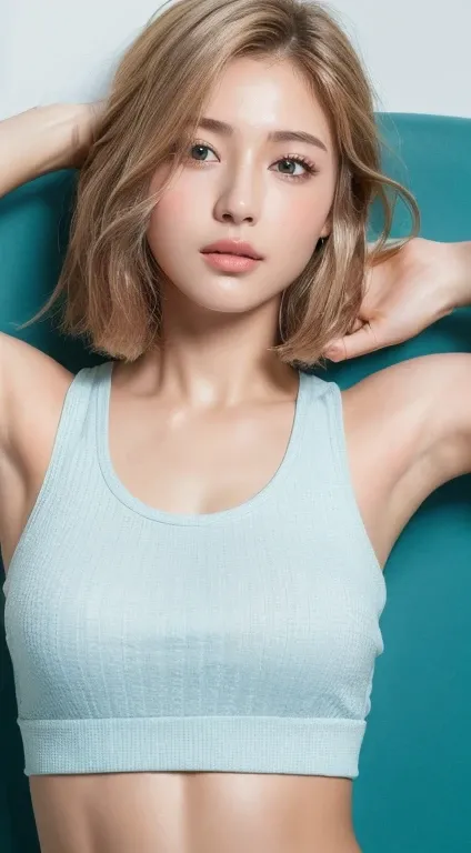 ((highest quality, 8k, masterpiece :1.3)), 1 girl, Cute woman highlighting her slim abs :1.3, (Random Hairstyles :1.2), Oversized tank top :1.2, Highly detailed face, Beautiful Eyes, double eyelid, Underarm