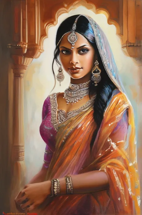 Radiant Reverie: A Portrait of Indian Elegance, Step into a world of mesmerizing beauty as you behold this enchanting artwork, where an Indian girl graces the scene in all her splendor, accentuated by her radiant white skin, illuminates her presence.The re...