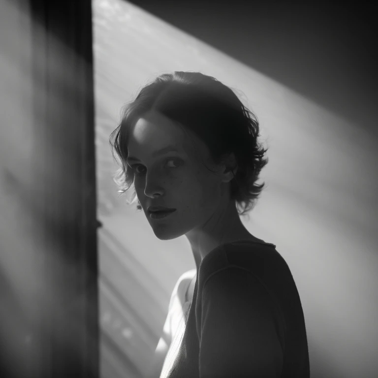 ultra 8k hd resolution, black and white photo raw, close up of a woman standing in front of a window, light and dust coming through window, falling on her face, by Albert Welti, by Eugeniusz Zak, atmospheric portrait, by Zsolt Bodoni, by Kati Horna, by Lou...