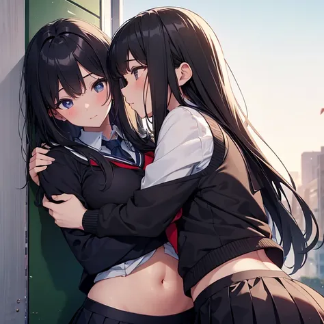 School girl in a school outfit and skirt showing abit of her tummy aggressively kissing and hugging another girl wearing a school outfit showing abit of her tummy