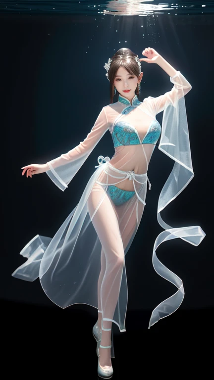 Woman wearing transparent clothes underwater，Full body image, Be focused: 1.3, Chinese Girl，Model figure: 1.5, Big Tits: 1.2，Slightly fat，hair，Heroine Theme，Very tender breasts, Happy expression, Everlasting: 1.2，Highly detailed face and skin texture, Deli...