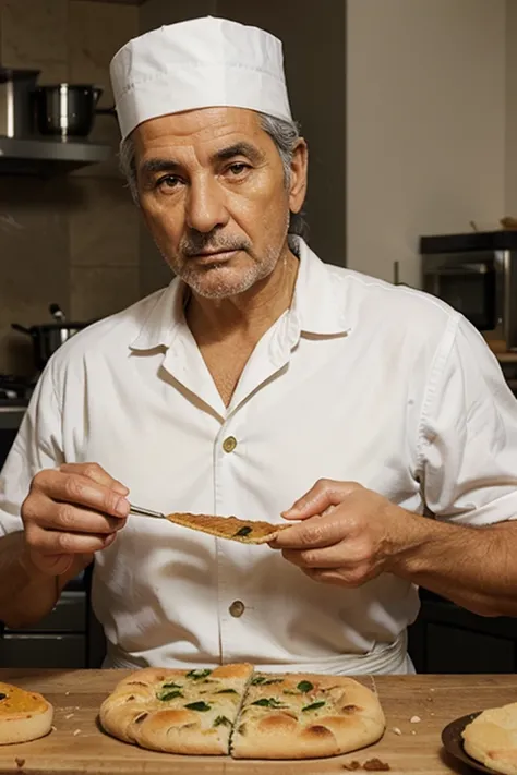 italian chief who looks old and professional prepares focaccia