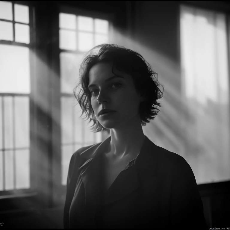 ultra 8k hd resolution, black and white photo raw, close up of a woman standing in front of a window, light and dust coming through window, falling on her face, by Albert Welti, by Eugeniusz Zak, atmospheric portrait, by Zsolt Bodoni, by Kati Horna, by Lou...