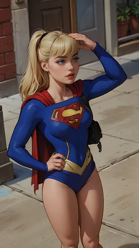 supergirl, blue superman suit,standing, looking to camera,