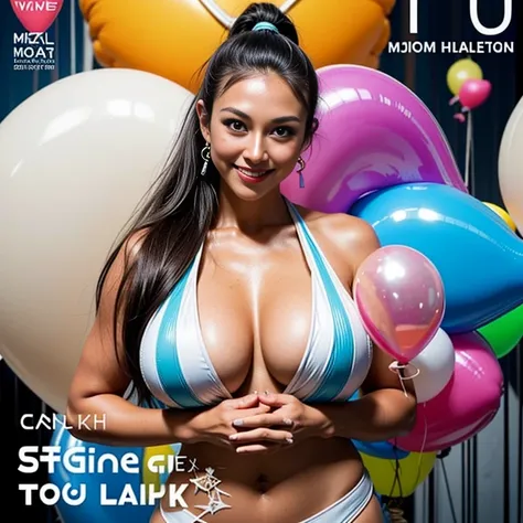 (((magazine cover))),(Thai woman),((highponytail:1.3)),(forehead),(micro bikini:1.4),((huge breasts:1.4)),(slim waist),(dark skin, tanned skin:1.5),(smile:1.5),(Colorful balloons in the background:1.5), (cowboy shot:1.5),8k, UHD,