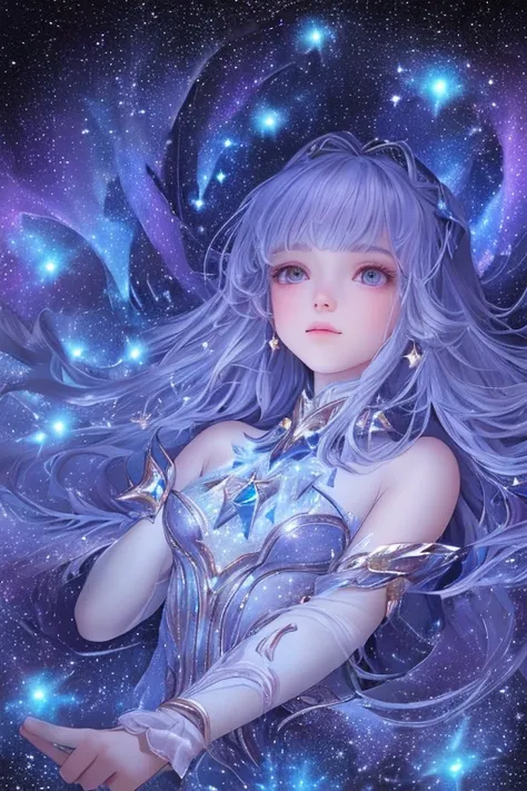 Highly detailed, super details, Ultra high resolution, The girl is enjoying her time in the dream galaxy., surrounded by stars, A warm light fell upon her., The background is a starry sky with colorful galaxies and galaxy clouds., The stars fly around you,...