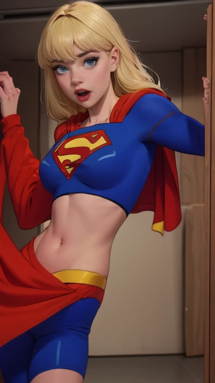 Supergirl, blue superman suit,standing, looking to camera, 