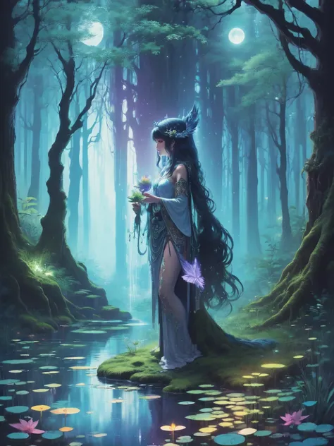 "moonlit priestess, tropical oasis, magical pond, nocturnal mysteries, ethereal enchantment"