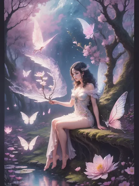 ((best quality)), ((masterpiece)), (detailed), ethereal beauty, perched on a pink blossom tree, (fantasy illustration:1.3), ench...