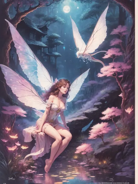 ((best quality)), ((masterpiece)), (detailed), ethereal beauty, perched on a pink blossom tree, (fantasy illustration:1.3), enchanting gaze, captivating pose, solo girl, delicate butterfly wings, otherworldly charm, mystical sky, (Luis Royo:1.2), (Yoshitak...