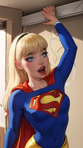 Supergirl, blue superman suit,crystalblueeyes, blonde long hair, standing, looking to camera, standing split sx, fuck