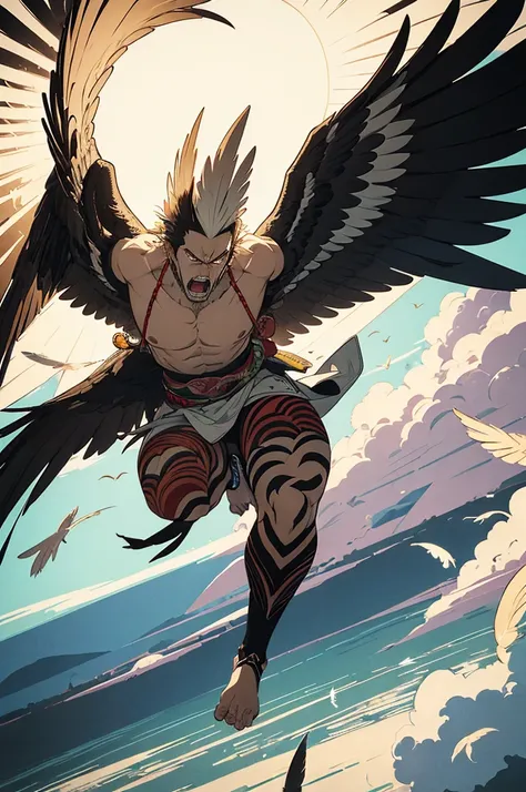 (masterpiece, best quality:1.1),
popart style,flat color,hawk guy,guy wearing kariginu,white wing,floating in the air,fluttering feathers,,anger,Psycho Power,Ukiyo-e style illustration,dynamic angle,beautiful lighting,photographic portrait, sharp,