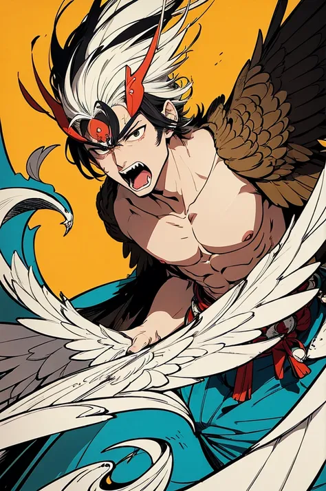 (masterpiece, best quality:1.1),
popart style,flat color,hawk guy,guy wearing kariginu,white wing,floating in the air,fluttering feathers,,anger,Psycho Power,Ukiyo-e style illustration,dynamic angle,beautiful lighting,photographic portrait, sharp,