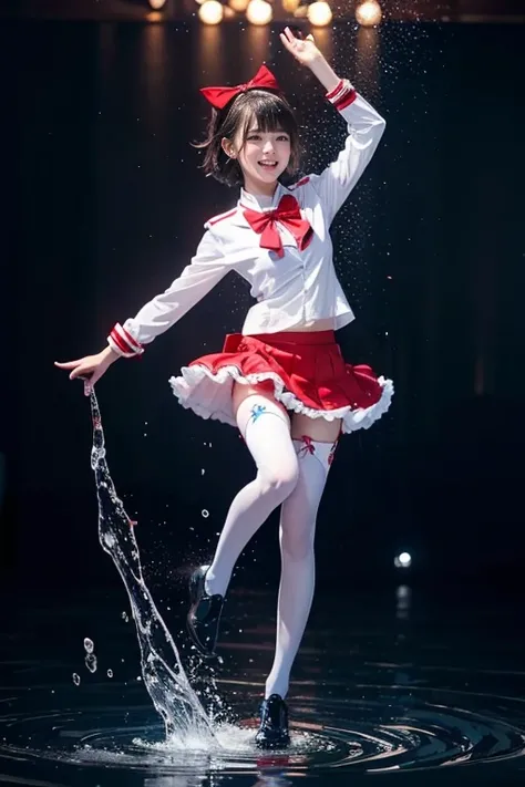 1 girl、Esbian all over、Dancing happily、Water Drop、(Blue fur)、short hair、smile、blue eyes、blazer、Get wet、(Plain white shirt)、(Red bow tie)、(Red checked skirt) 、(Black Stockings)、Absolute area、Thigh Emphasis、Seaside