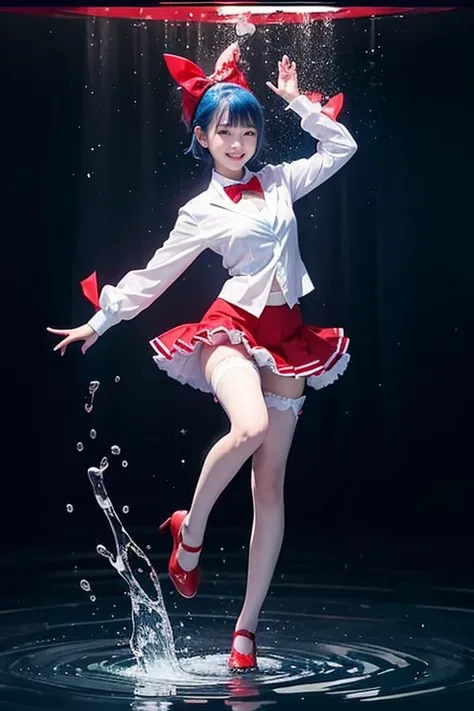 1 girl、Esbian all over、Dancing happily、Water Drop、(Blue fur)、short hair、smile、blue eyes、blazer、Get wet、(Plain white shirt)、(Red bow tie)、(Red checked skirt) 、(Black Stockings)、Absolute area、Thigh Emphasis、Seaside