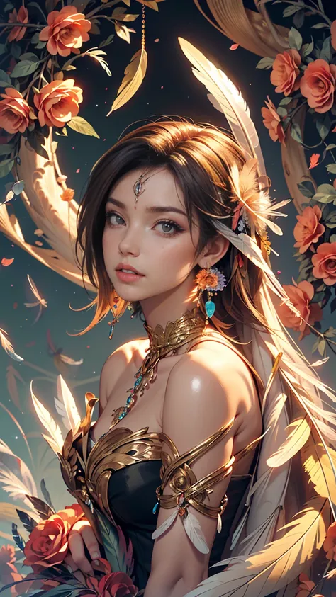 (Official Art, beautifully、aesthetic:1.2), (One girl:1.3),(Fractal Art:1.1),(colorful:1.1)(Flowers:1.3),Most detailed,(Tangled:1.2), whole body, (Abstract background:1.3), (Shiny skin), (Many colors:1.4), ,(Earrings), (feather:1.5),