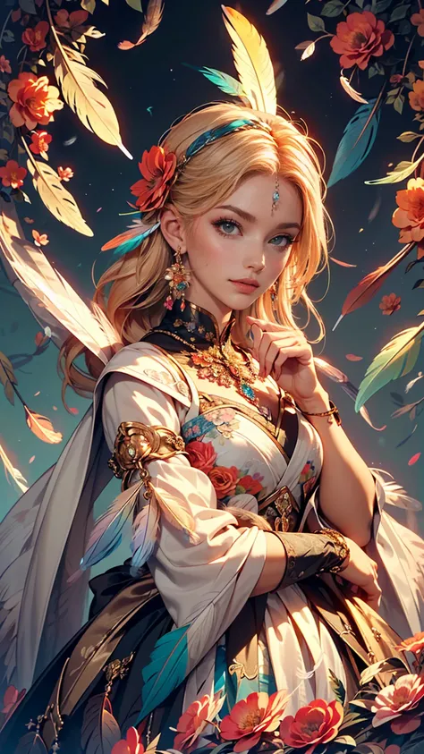 (Official Art, beautifully、aesthetic:1.2), (One girl:1.3),(Fractal Art:1.1),(colorful:1.1)(Flowers:1.3),Most detailed,(Tangled:1.2), whole body, (Abstract background:1.3), (Shiny skin), (Many colors:1.4), ,(Earrings), (feather:1.5),