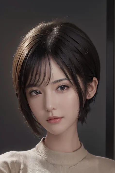 (masterpiece:1.3), (8k, Realistic, RAW Photos, highest quality: 1.4), (One girl), Beautiful Face, (Realistic Face), (Black Hair, short hair:1.3), Beautiful hairstyle, Realistic eyes, Beautiful fine details, (Realistic Skin), Beautiful Skin, (sweater), Absu...