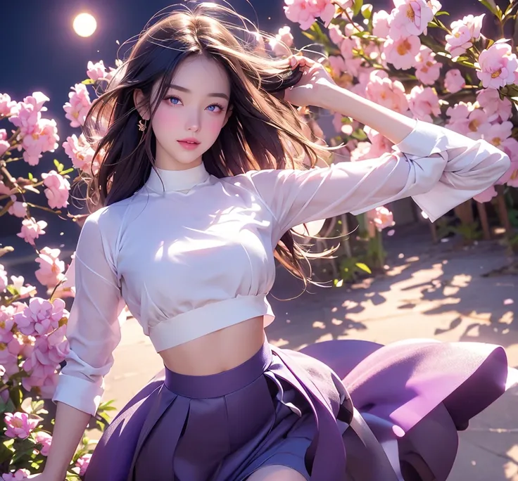 realistic, 1girl,whit hair, purple eyes, glowing eyes, crop top, skirt, parted lips, blush, night, flowers, sun, sunlight,