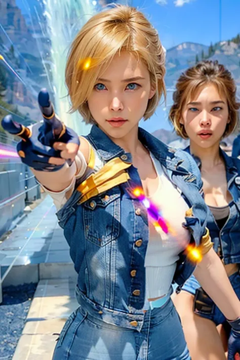 (((1 girl,  cute, denim jacket, white top, jeans, Gloves, blond, short hair, bob hair,  side parted hair, blue eyes))), (((blond hair))), 
dynamic poses, manga style, depicting a group of characters in various action scenes, from intense battles to lighthe...