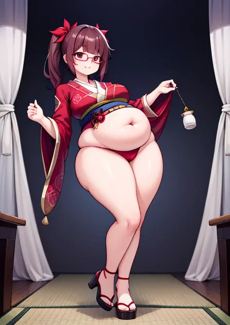 (masterpiece, best quality, highly detailed), 1girls, big belly, huge belly, art by kipteitei, round belly, chubby, curvy, belly grab, enormous belly, fat belly, thicc, bigger belly, really big belly, jiggly belly, glasses, japanese traditional clothes, ti...