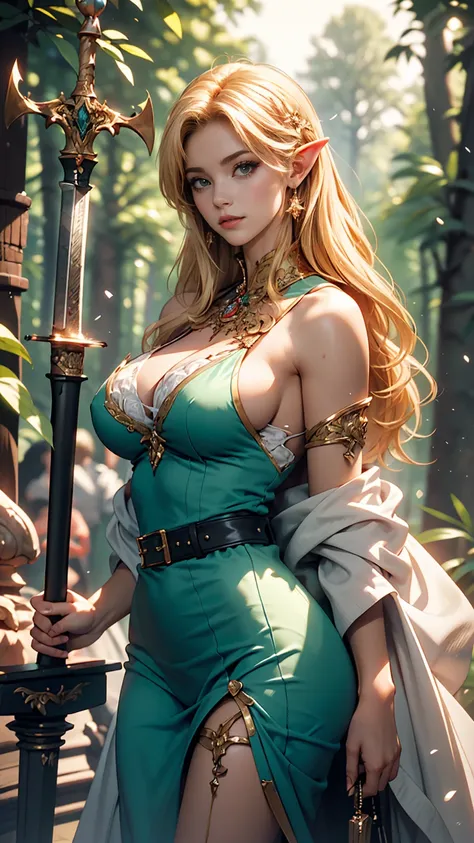 masterpiece, highest quality, Intricate details, Gorgeous blonde elven woman, (mint eye), Celestine Lucullus, Perfect Anatomy, Perfect Face:1.1), ((Huge breasts!!!!!!)),(Huge breasts!!!!), White one-piece uniform, Sharp focus, ((alone:1.4), (Full Body Shot...