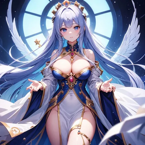 Beautiful female emperor, Clear skin, Beautiful appearance, There is deep wisdom in her eyes, It&#39;s as if she sees through the whole world, Wearing a luxurious white robe, Holding a long sword, Robes fluttering in the wind and silver hair blowing in the...