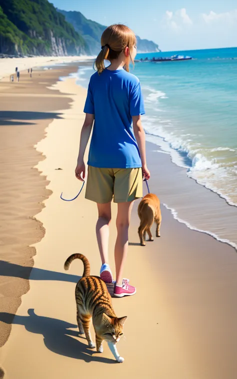 take a walk on the beach、17 years old、girl、alone、walking with a brown tabby cat、