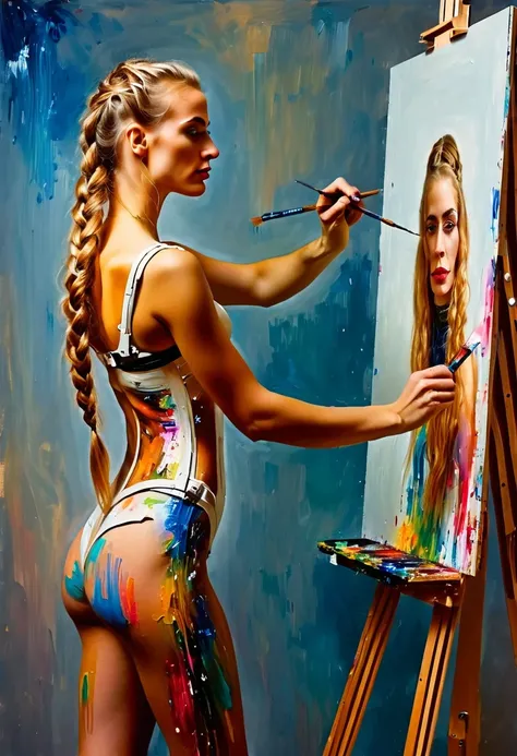 The easel, the paints, the artist, standing Full-length, Sexy cyborg woman drawing self-portrait in oil paints, french braid, blonde hair