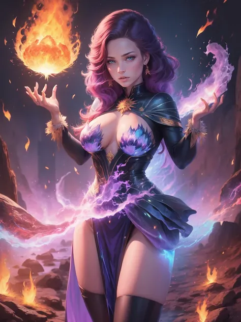 Crie uma deusa do fogo, de beleza radiante, ela utiliza um vestido feito de fogo que cobre todo seu corpo, Her hair is made of blue flames with purple, listras luminosas douradas adornam a roupa, A blue flame burns in one of his hands, and the setting is h...