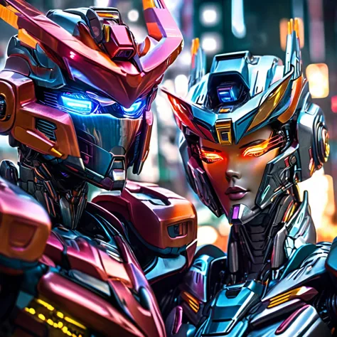 Very bestbest quality,ultra-detailed,medium:cybertron male and female bots,shades and metallic colors realistic,silver metallic texture,glowing colored eyeseyes,sharp focus,mechanical design,reflection in their armor,complex circuitry patterns,detailed fac...