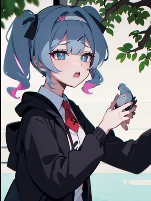 Hatsune Miku feeding pigeons in the park