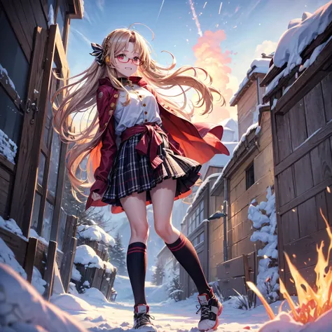 Pink gold golden hair、Red eyes、One good looking girl、solo、anime、Checkered mini skirt、The skirt has buttons、Red T-shirt、Long sleeve、China、Cape、Black knee-high socks、Wearing headphones、Wearing a ribbon、Ribbon on waist、Tilting face、Teeth are visible、tunnel、Su...