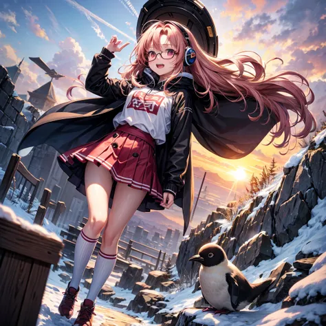 Pink gold golden hair、Red eyes、One good looking girl、solo、anime、Checkered mini skirt、The skirt has buttons、Red T-shirt、Long sleeve、China、Cape、Black knee-high socks、Wearing headphones、Wearing a ribbon、Ribbon on waist、Tilting face、Teeth are visible、tunnel、Su...