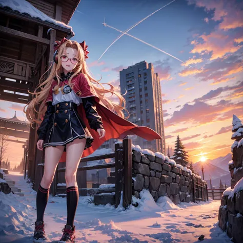 Pink gold golden hair、Red eyes、One good looking girl、solo、anime、Checkered mini skirt、The skirt has buttons、Red T-shirt、Long sleeve、China、Cape、Black knee-high socks、Wearing headphones、Wearing a ribbon、Ribbon on waist、Tilting face、Teeth are visible、tunnel、Su...