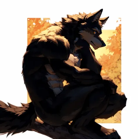 Fluffy brown wolf、Completely naked、Abnormally large muscles、Full body wolf fur、Midday forest background、Light background、A situation on a tree branch、Backwards pose、Hairless head、Fluffy, long body hair、Backwards pose、Wolf&#39;s Back、Composition from behind...