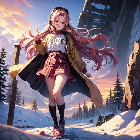 Pink gold golden hair、Red eyes、One good looking girl、solo、anime、Checkered mini skirt、The skirt has buttons、Red T-shirt、Long sleeve、China、Cape、Black knee-high socks、Wearing headphones、Wearing a ribbon、Ribbon on waist、Tilting face、Teeth are visible、tunnel、Su...