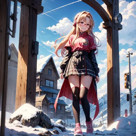 Pink gold golden hair、Red eyes、One good looking girl、solo、anime、Checkered mini skirt、The skirt has buttons、Red T-shirt、Long sleeve、China、Cape、Black knee-high socks、Wearing headphones、Wearing a ribbon、Ribbon on waist、Tilting face、Teeth are visible、tunnel、Su...