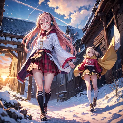 Pink gold golden hair、Red eyes、One good looking girl、solo、anime、Checkered mini skirt、The skirt has buttons、Red T-shirt、Long sleeve、China、Cape、Black knee-high socks、Wearing headphones、Wearing a ribbon、Ribbon on waist、Tilting face、Teeth are visible、tunnel、Su...