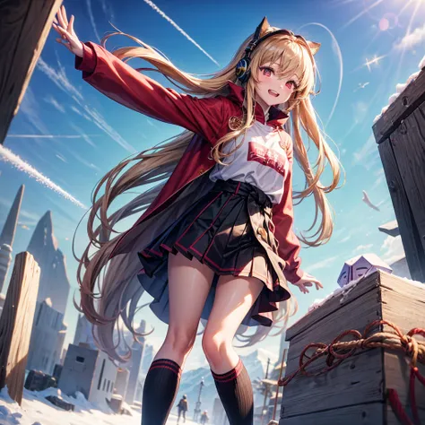 Pink gold golden hair、Red eyes、One good looking girl、solo、anime、Checkered mini skirt、The skirt has buttons、Red T-shirt、Long sleeve、China、Cape、Black knee-high socks、Wearing headphones、Wearing a ribbon、Ribbon on waist、Tilting face、Teeth are visible、tunnel、Su...